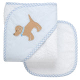 Puppy Applique Hooded Towel & Washcloth Set, Blue
