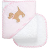 Puppy Applique Hooded Towel & Washcloth Set, Pink