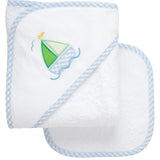 Sailboat Applique Hooded Towel & Washcloth Set, Blue
