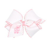 King Grosgrain Hair Bow with Pink Moonstitch Edge and Ballet Slippers Embroidery