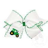 King Grosgrain Hair Bow with Moonstitch Edge and Tractor Embroidery