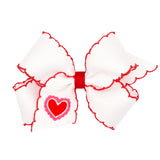 Medium Moonstitch Edge Grosgrain Hair Bow with Heart Embroidery
