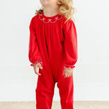 Long Sleeve Bridget Romper Richmond Red with Worth Avenue White Bow Smocking