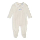 Crochet Collared Pima Footie, Ivory with Sky Blue Bunny
