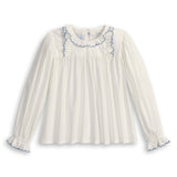 Lucille Ruffled Blouse Ivory with Periwinkle