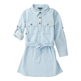 Girl’s Long Sleeve Belted Shirt Dress, Clear Sky Gingham