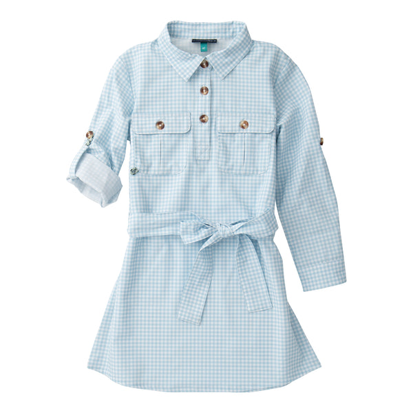 Girl’s Long Sleeve Belted Shirt Dress, Clear Sky Gingham