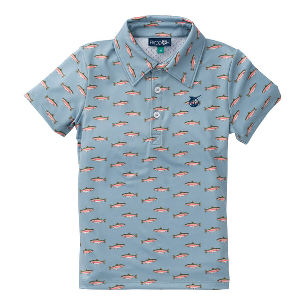 Boy's Short Sleeve Pro Performance Polo, Rainbow Trout Print
