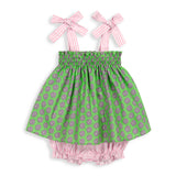 Shoulder Tie Bloomer Set, Green Dahlia with Pink Bubble Stripe