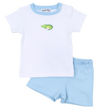 Alligator Pie Embroidered Short Set, Light Blue