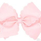 Small King Grosgrain Bow with Eyelet Flower Embossed Edges, Powder Pink