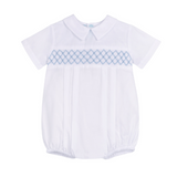 Boys Signature Smocked Romper White/ Blue