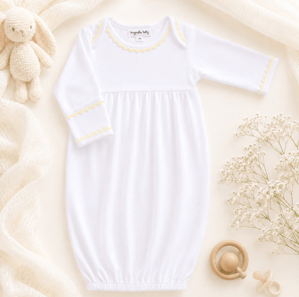 Baby Joy Yellow Crochet Trim Gathered Gown