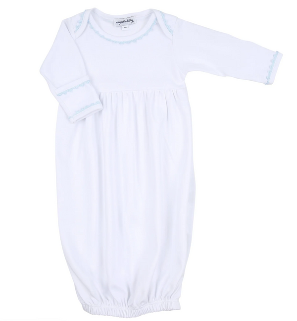 Baby Joy Gown with Blue Crochet Trim Gathered Gown