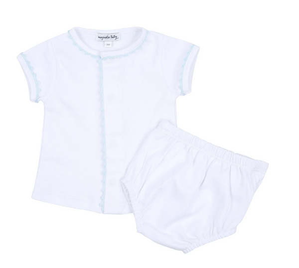 Baby Joy Ruffle Diaper Cover Set with blue Crochet Trim