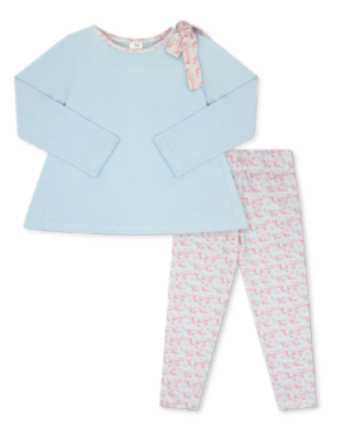 Madeline Legging Set- COTTON CANDY BLUE TOP WITH PETAL PLAY LEGGING AND BOW