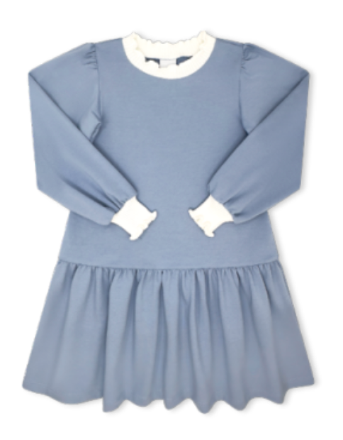 DOROTHY DROPWAIST DRESS- LAKE BLUE KNIT, CREAM