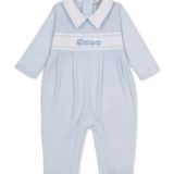Train playsuit light blue stripe
