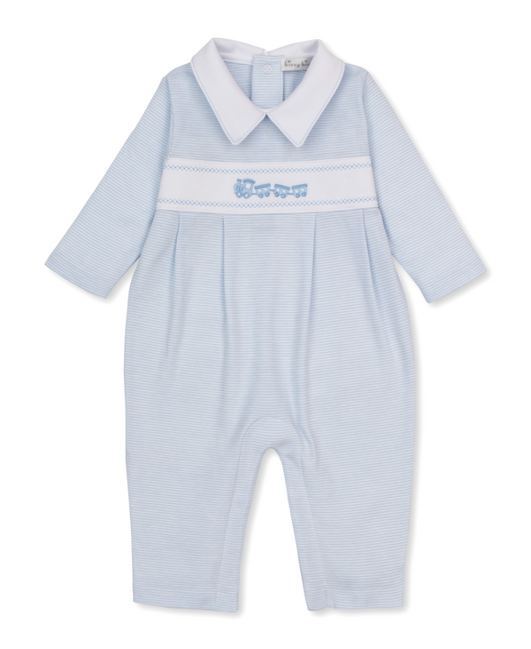 Train playsuit light blue stripe