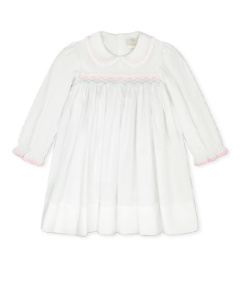 MICHELLE DRESS- WILLOW WHITE PIQUE WITH BABY PINK AND BLUE SMOCKING