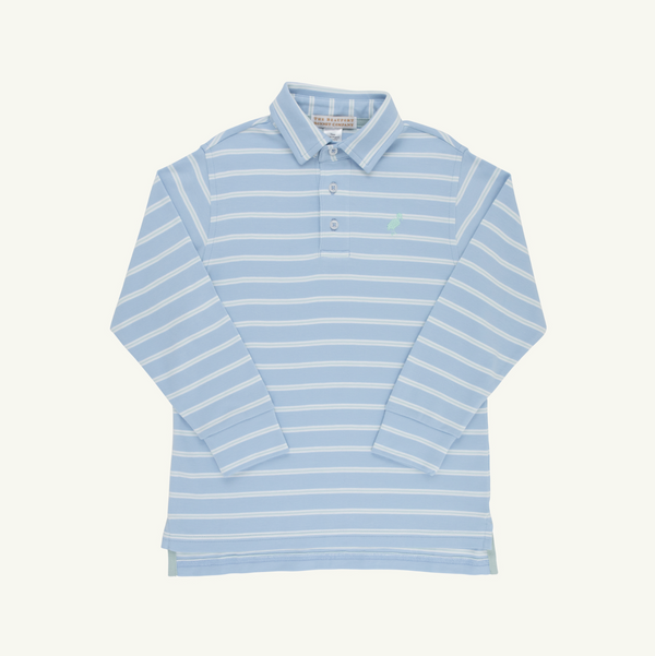 Prim And Proper Polo Ls- Sarasota Sky Worth Ave White and Old Greenwich Green Stripe/Old Greenwich Green