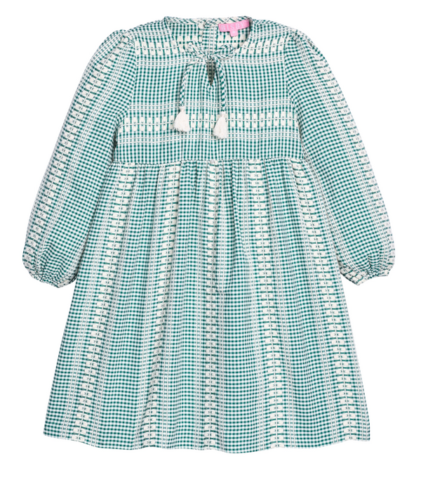 Long Sleeved Riviera Dress, Geneva Gingham Green