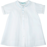Boys Train Embroidery Folded Daygown, White with Blue