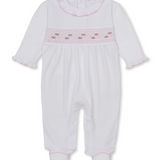 White footie with hand smocking