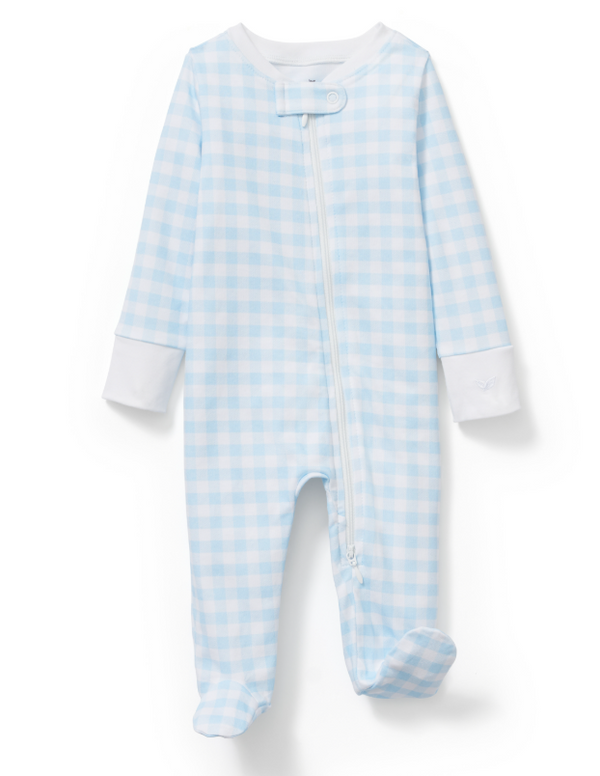 Infant Footie Romper in Light Blue Gingham