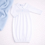 Blessed Blue Smocked Collared LS Gathered Gown