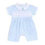 Mini Checks Smocked Collared Short Playsuit Blue