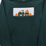 Tractor with Pumpkins Smocked Hunter Green Knit