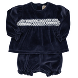 Smocked Bon Air Bloomer Set (Velour) Nantucket Navy with Worth Avenue White